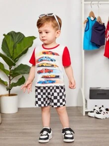 SHEIN Baby Boys' Color Block Racing Car Printed T-Shirt And Checkered Casual Shorts Set - Multicolor - View 5