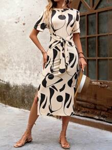 SHEIN LUNE 幾何圖案交叉束腰連衣裙 - 卡其色 - 查看 3