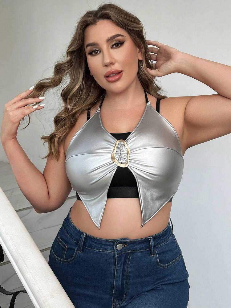 Plus Size Y2K Multicolor Halter Top With Ring Cut Out Detail High Stretch Fabric