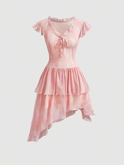 SHEIN MOD Women's Ruched Bust Layered Asymmetric Hem Dress