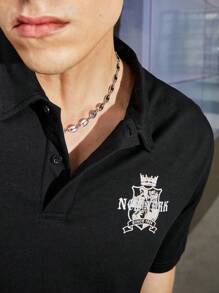 Mainfolk Men's Short Sleeve Polo Shirt With Letter Print - Black - View 4