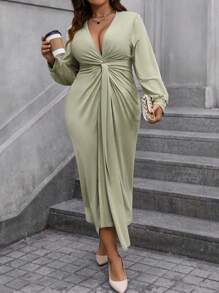 Calvaya Plus Size Women's Twisted Knot Lantern Sleeve Dress - Green - View 3