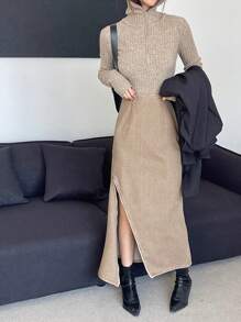 Dazy Designer Women'S Solid Color Zipper & Slit Design Denim Skirt Jeans Skirt - Khaki - View 5