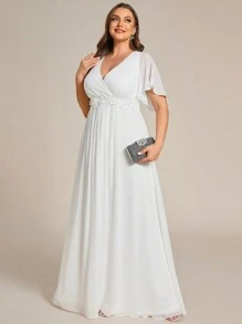 Plus Size Chiffon Floral Applique Short Sleeve Bridal Shower Dress Bachelorette Party White Dress Wedding Dress For Bride Engagement Dresses - White - View 3