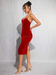 SHEIN BAE 女士絲絨露背鏈帶連衣裙 - 紅色 - 查看 5