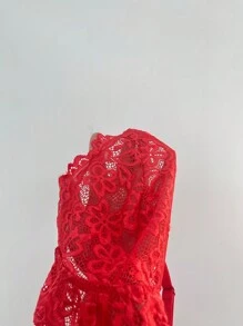 女式性感蕾絲拼接睡衣裙+ G-string（無鋼圈,連身睡裙,泳裝）（情人節系列） - 紅色 - 查看 6