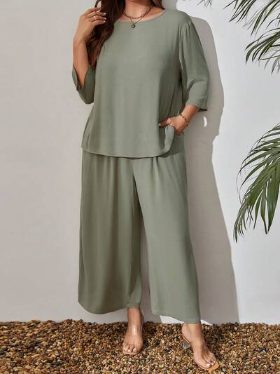 Plus Size Women'S Round Neck T-Shirt And Wide Leg Pants Wide Leg Green Two Piece Set For Spring,Summer