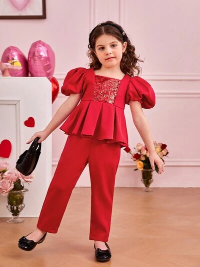 Little Girls' Sequin Patchwork Square Neck Puff Sleeve Blouse With Ruffle Hem Matched With Solid Color Pants