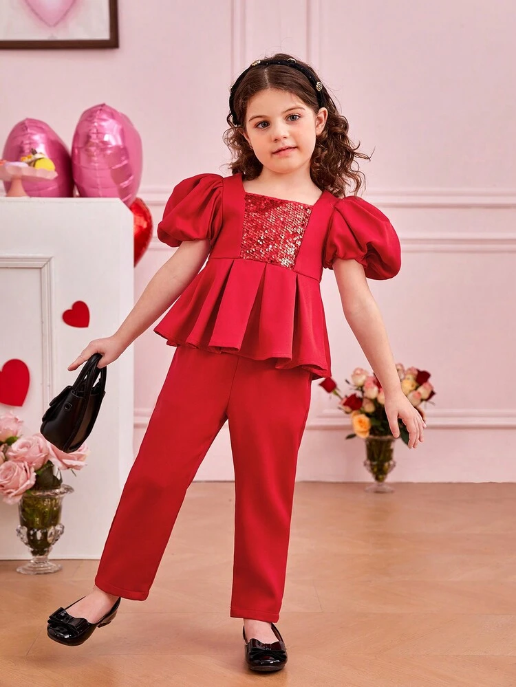 Little Girls' Sequin Patchwork Square Neck Puff Sleeve Blouse With Ruffle Hem Matched With Solid Color Pants