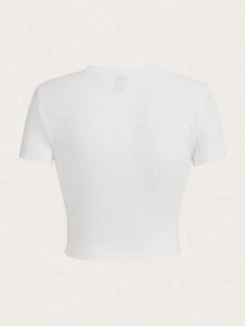 SHEIN EZwear 女士金色新年标语印花圣诞修身短袖T恤 - 白色 - 查看 2