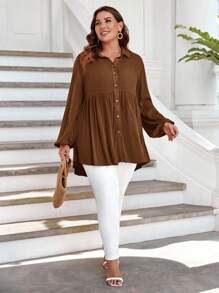 SHEIN LUNE 女士加大碼純色鈕扣燈籠袖襯衫 - 咖啡棕 - 查看 4