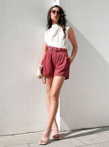 Anewsta Solid Color Belted Shorts - Red - View 5