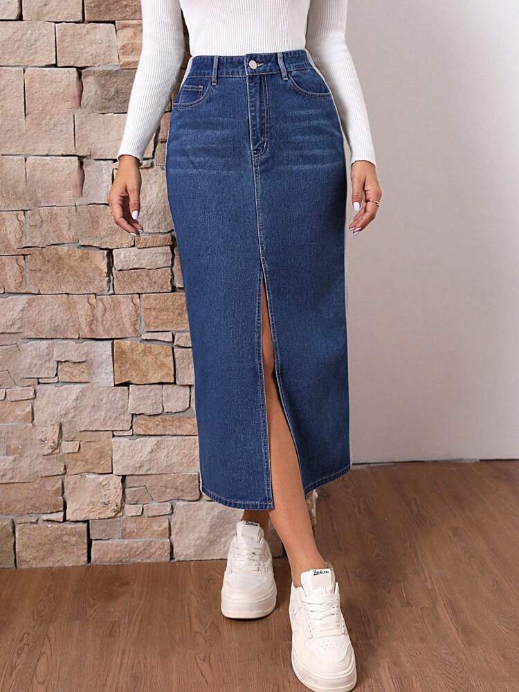 Ladies' Long Denim Skirt With Front Slit