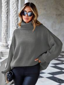 EURMUSE Women'S High Neck Drop Shoulder Long Sleeve Sweater - Grey - View 4