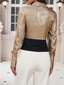 SHEIN Clasi Của phụ nữ Sáng bóng Bọc Vòng cổ Áo sơ mi - Đen và vàng - Xem 2