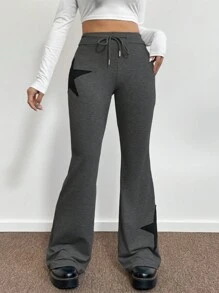 SHEIN EZwear 女士星星拼接喇叭運動長褲 - 深灰色 - 查看 1