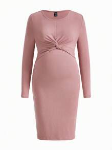 SHEIN Maternity Twist-Front Ribbed Bodycon Dress - Multicolor - View 7