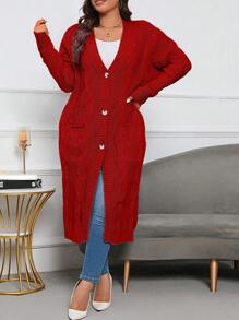 SHEIN LUNE Suéter En Cardigan Largo Para Mujer De Talla Grande Con Cierre De Botones Y Color Sólido - Rojo - Ver 6