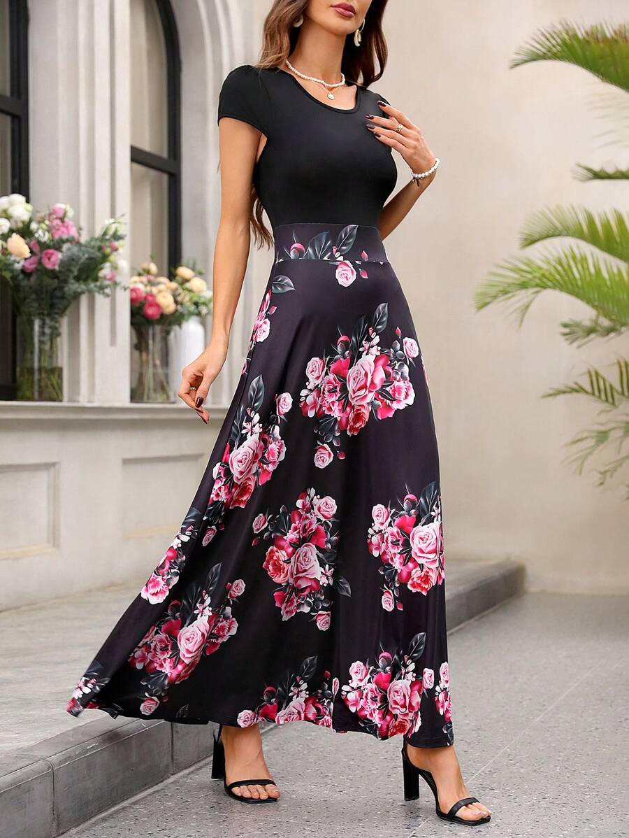 SHEIN Clasi 女士花卉印花拼接蓋袖連身裙 - 彩色 - 查看 1