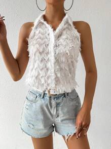 SHEIN Unity Women'S Solid Color Frayed Edge Sleeveless Shirt - White - View 6