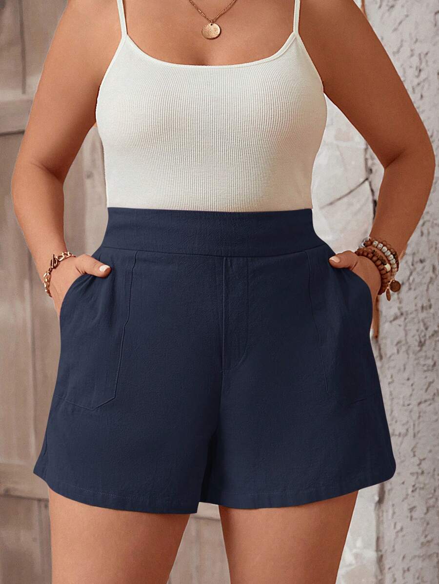 SHEIN VCAY Shorts De Talle Alto De Talla Grande Con Bolsillos Diagonales - Azul Marino - Ver 1