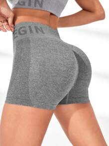 Gameset SHEIN Sport 宽腰带字母印花运动短裤 骑行短裤 氨纶短裤 - 淺灰色 - 查看 2