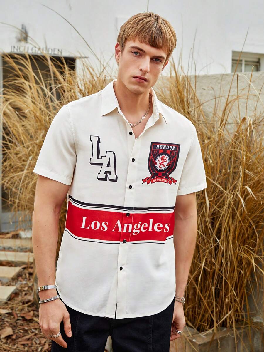 Manfinity VCAY Camisa de tejido con estampado de letras de color contrastante, corte holgado para hombre
