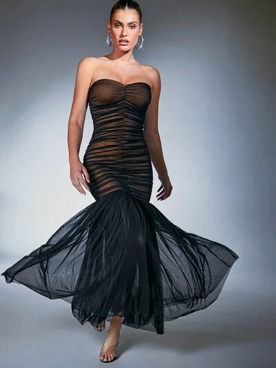 Ruched Mesh Tube Mermaid Hem Maxi Dress