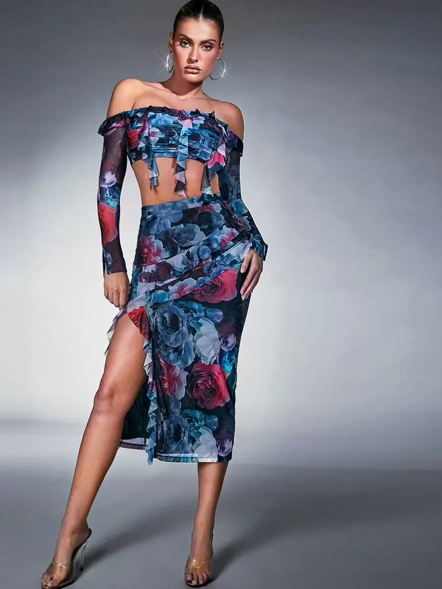 Hauture Floral Print Ruffle Top & Skirt Two Pieces Set - Multicolor - View 1