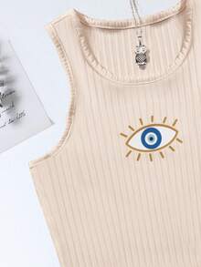 SHEIN Tween Girl Eye Print Ribbed Knit Tank Top - Apricot - View 4