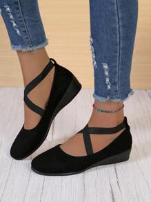 Elegant Black Court Wedge Shoes For Women, Cross Strap Faux Suede Shoes