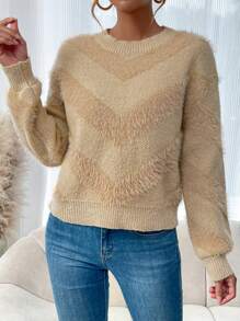 SHEIN LUNE Women's Loose Fuzzy Sweater With Dropped Shoulder Knit Pullover Fall Winter Sweater - Khaki - View 4