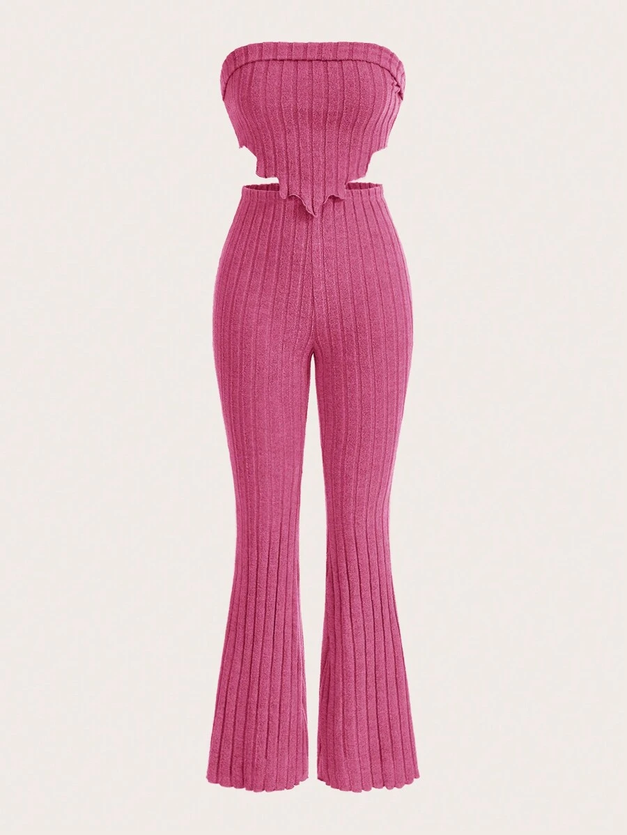 SHEIN EZwear Bộ đồ dệt kim gân trơn ôm vừa vặn dành cho nữ - Màu Hồng Tươi - Xem 1