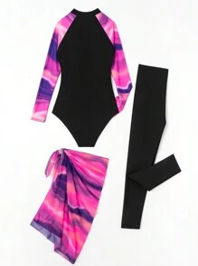 Swim Mulvari Summer Beach Women's Raglan Sleeve Zipper Half Open Shoulder Bodysuit Swimwear With Matching Shorts And Bra Top Set - Multicolor - View 3