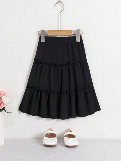 SHEIN Young Girl Casual Black Chiffon Ruffle Trim A-Line Skirt, Suitable For Spring, Summer And Autumn Seasons, Suitable For Various Occasions, Classic And Versatile,Holiday,Summer,Travel