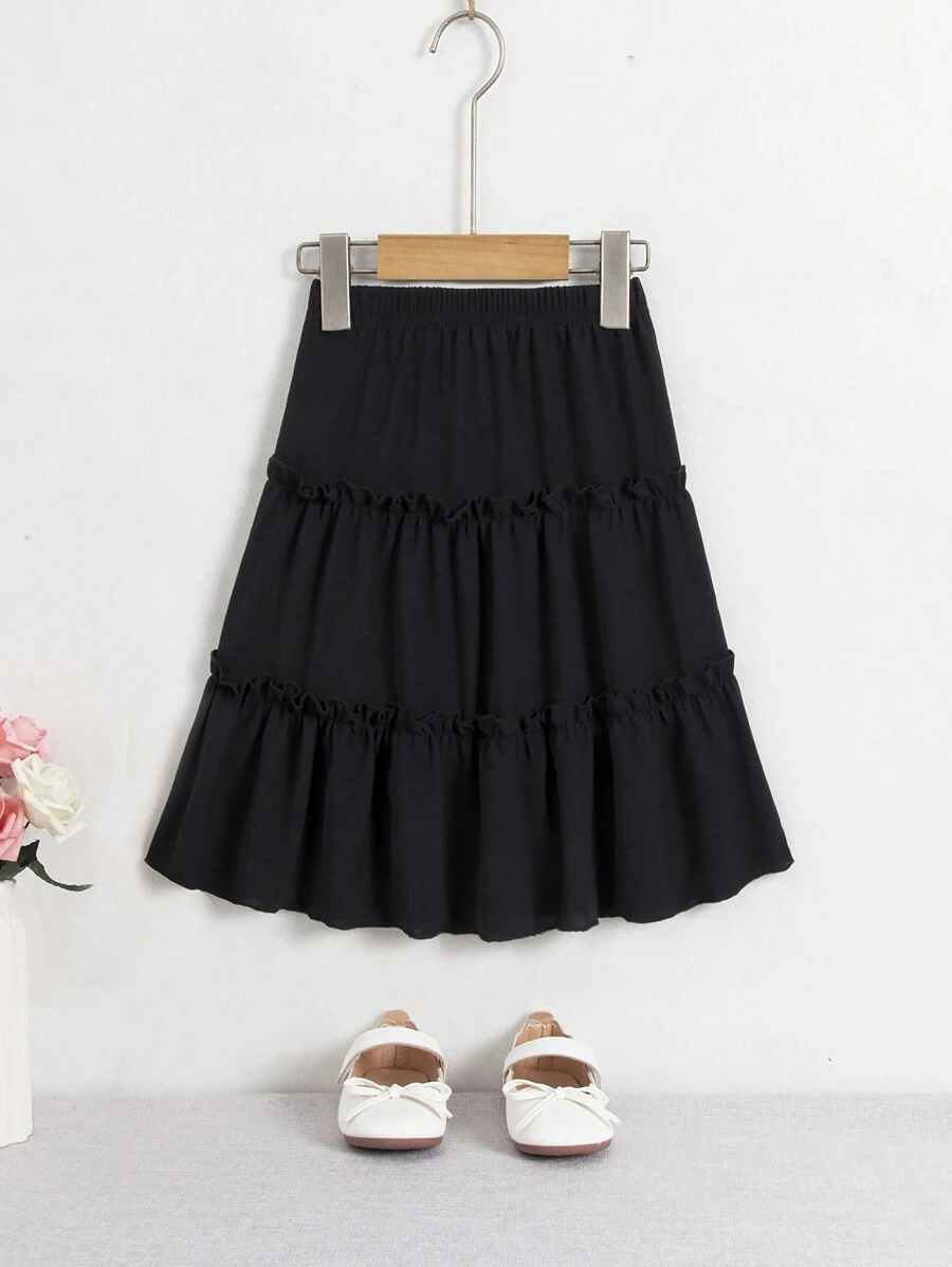 SHEIN Young Girl Casual Black Chiffon Ruffle Trim A-Line Skirt, Suitable For Spring, Summer And Autumn Seasons, Suitable For Various Occasions, Classic And Versatile,Holiday,Summer,Travel - Black - View 1