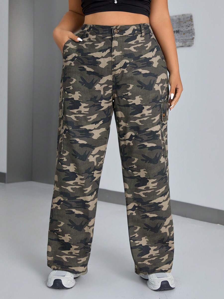 SHEIN ICON 女性加大碼迷彩翻轉口袋牛仔褲 - 彩色 - 查看 1