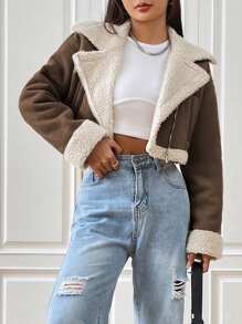 SHEIN EZwear Lót Teddy Dây kéo mặt trước Dệt Áo khoác - màu nâu - Xem 7