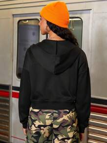 Streetz SHEIN Sport Letter Print Drawstring Hooded Crop Sports Jacket - Black - View 2