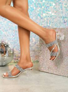 Giày cao gót hở mũi vuông họa tiết kim loại màu bạc dành cho nữ, dép quai ngang bằng nhựa PVC trong suốt trang trí đá Rhinestone sáng bóng mùa hè, thích hợp cho các bữa tiệc và tiệc chiêu đãi thời trang, gót dày độ phân giải cao, thích hợp để mặc trong nhà và ngoài trời - Bạc - Xem 3