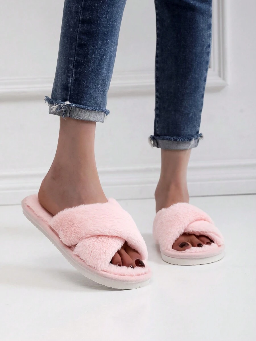Cross Bag Fashion Women's Home Slippers Flat Heel Open Toe Slippers All Seasons Furry Slippers For Female - Pink - View 1
