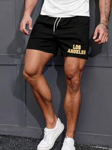 Manfinity Homme 男款鬆身短褲,腰部可調繩設計,字母印花 - 黑色 - 查看 1