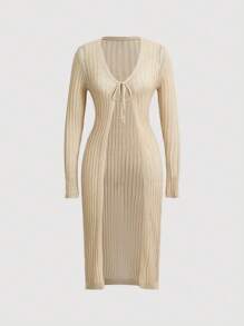 SHEIN MOD 女式長袖前繫帶開襟衫 - 卡其色 - 查看 1