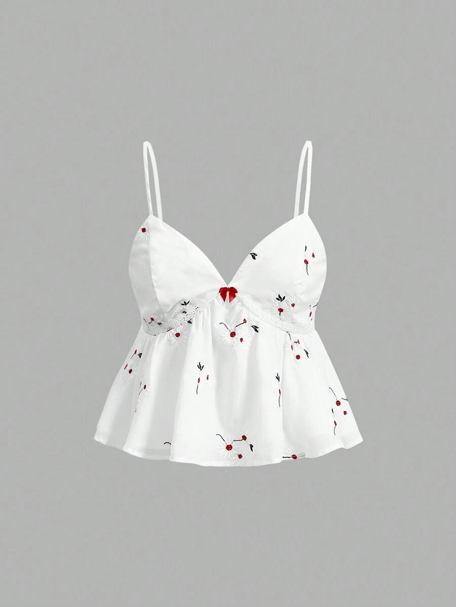 SHEIN MOD Top De Camiseta Sin Mangas Para Mujeres Con Dobladillo Con Volantes Y Bordado Floral - Blanco - Ver 1
