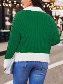 Calvaya Plus Size Fuzzy Mixed Color Panel Zippered Cardigan Sweater - Green - View 2