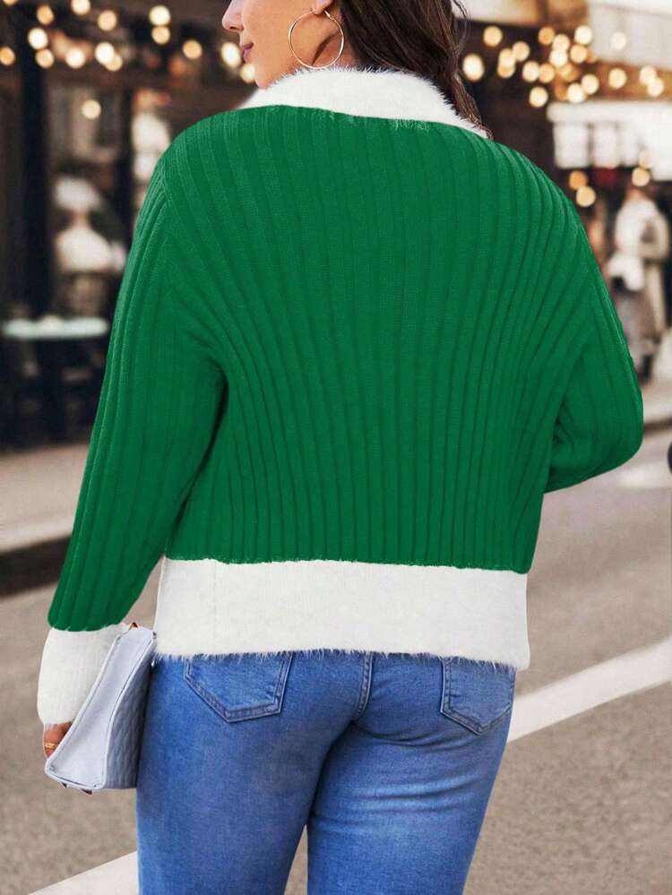 Plus Size Fuzzy Mixed Color Panel Zippered Cardigan Sweater