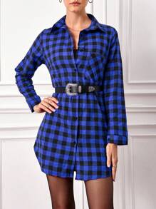 SHEIN Cottnline Women's Plaid Shirt Dress - Royal Blue - View 4