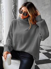 EURMUSE Women'S High Neck Drop Shoulder Long Sleeve Sweater - Grey - View 1