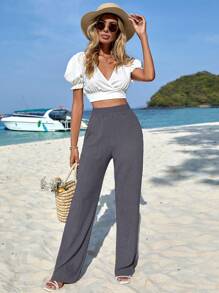EURMUSE High Waist Slant Pocket Straight Leg Pants - Dark Grey - View 4