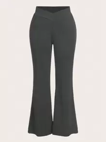 SHEIN EZwear Women'S Plus Size Solid Color Flared Trousers With V-Shaped Waistline Fall - Grey - View 1